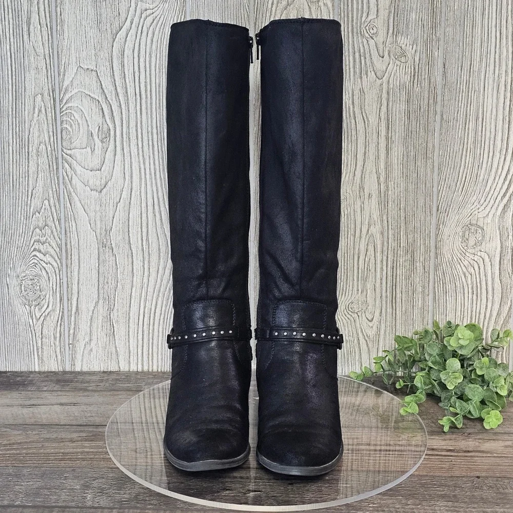 Baretraps Greer Black Knee HIgh Riding Boots Studded Strap Detail Women's 7M - Picture 3 of 10